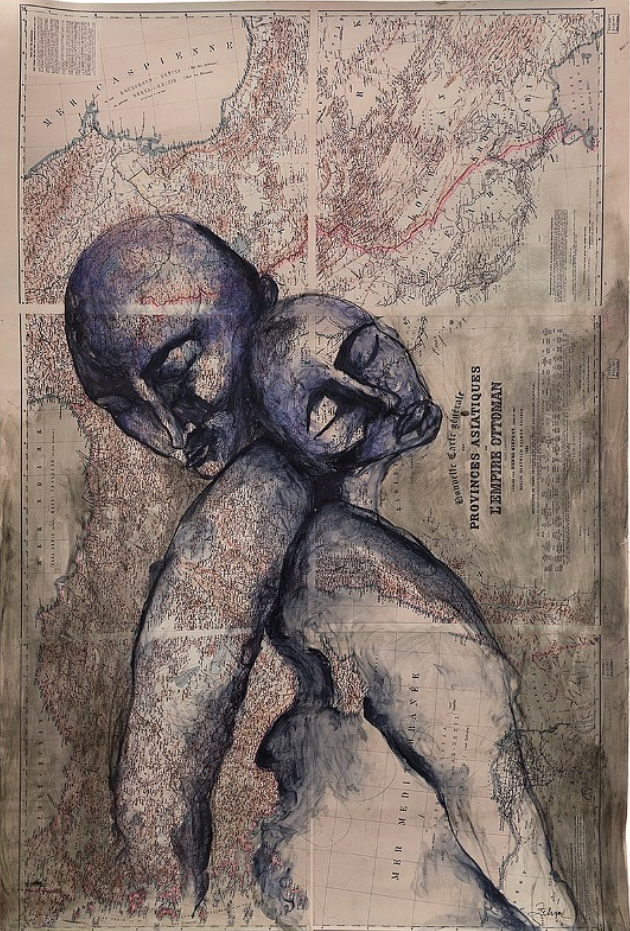 Zehra Doğan Kurdistan 3 On map, acrylic, felt pen, 150 x 100 cm. July 2020 Angers, France. Prometeo Gallery, Milano. Moratti Collection